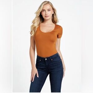 Guess Orange Scoop Neck Short Sleeve Ania Seamless Bodysuit NWT